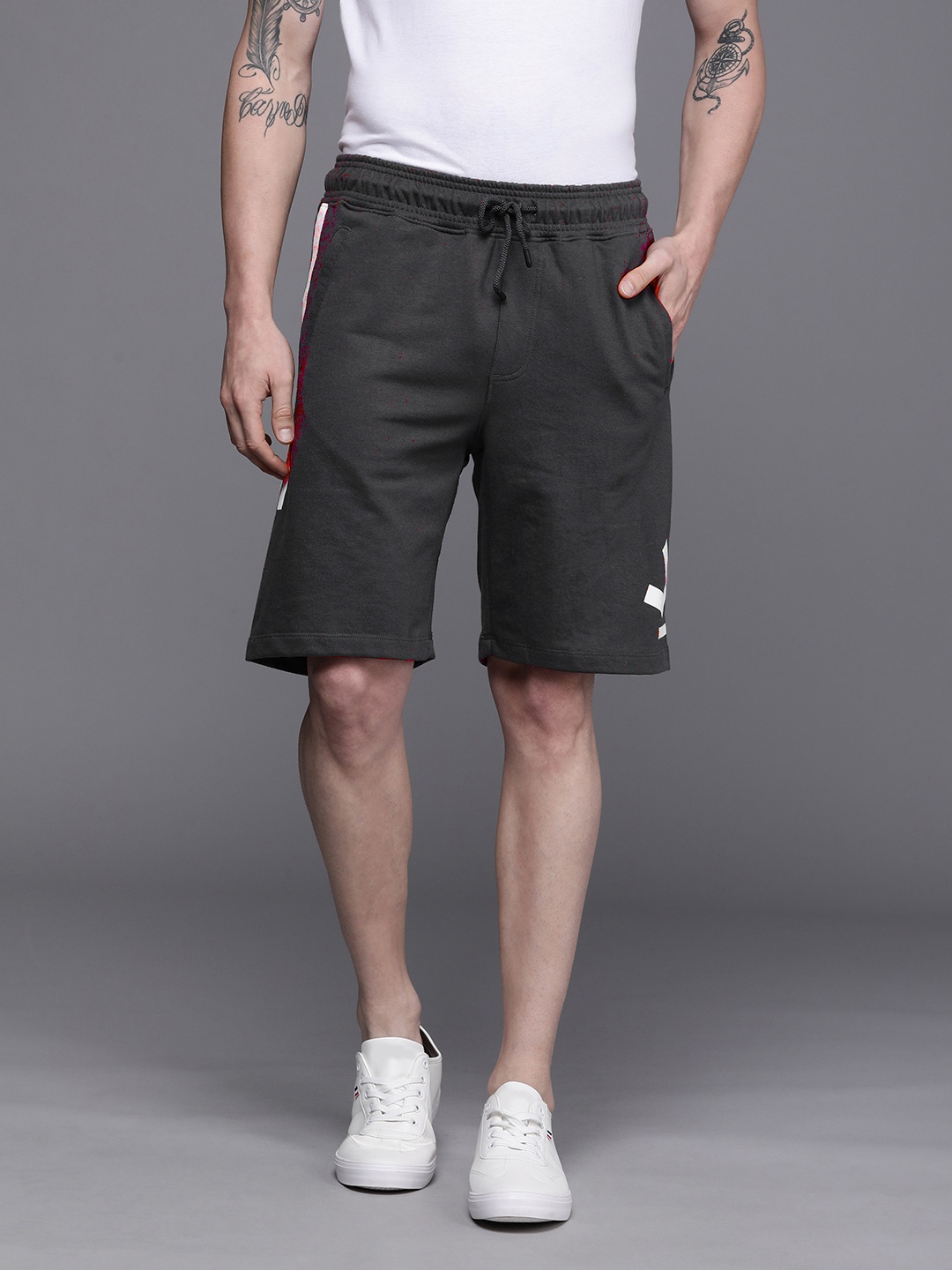 

WROGN Men Charcoal Grey Brand Logo Printed Slim Fit Regular Shorts