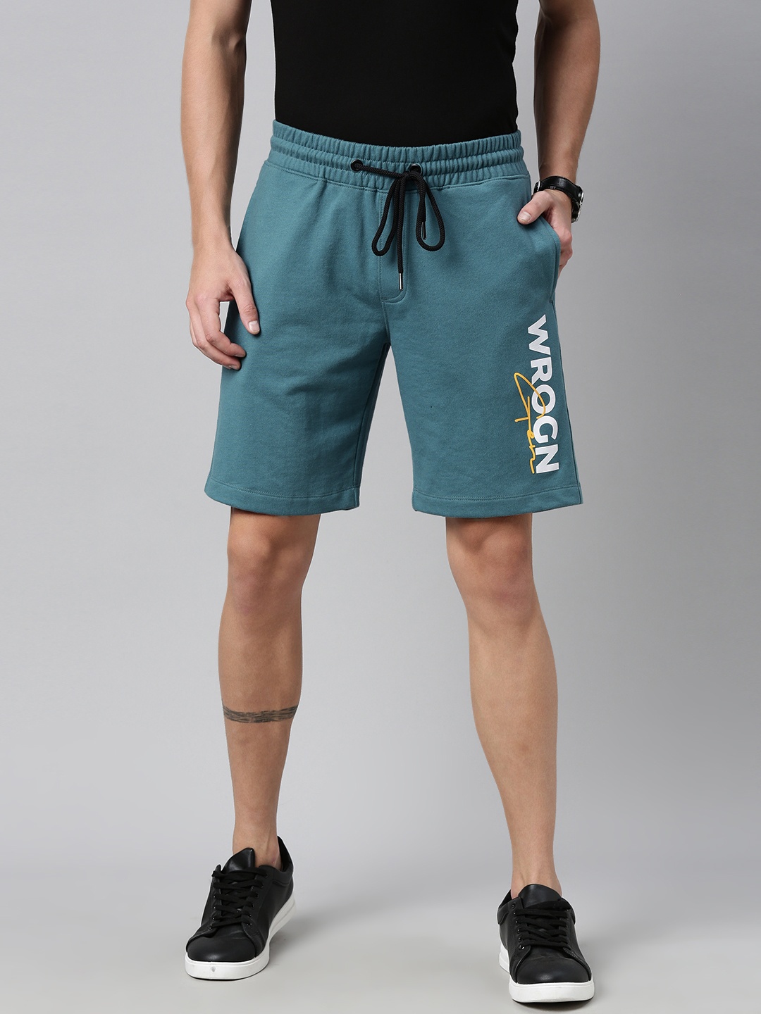 

WROGN Men Teal Typography Printed Mid-Rise Regular Shorts