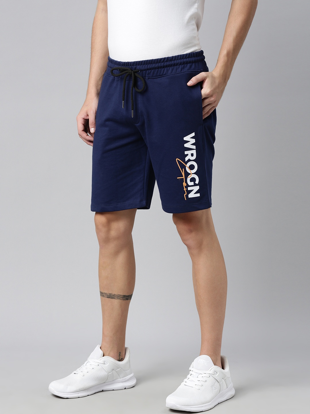 

WROGN Men Navy Blue Typography Printed Mid-Rise Regular Shorts