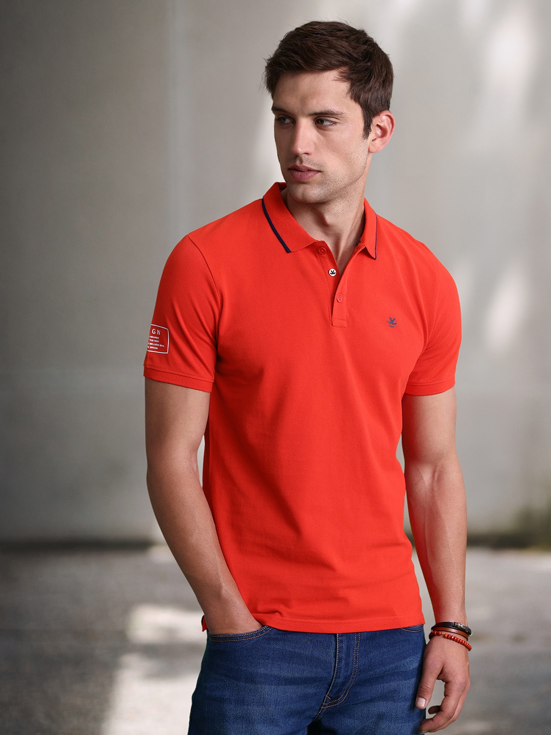 

WROGN Men Red Pure Cotton Slim Fit Solid Polo Collar Pure Cotton T-shirt