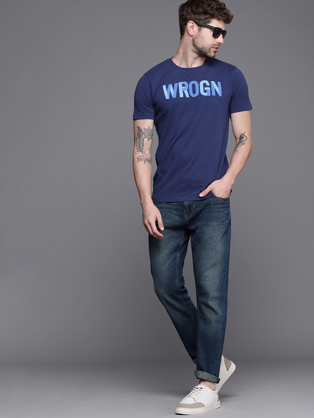 

WROGN Men Navy Blue Brand Logo Printed Slim Fit Pure Cotton T-shirt