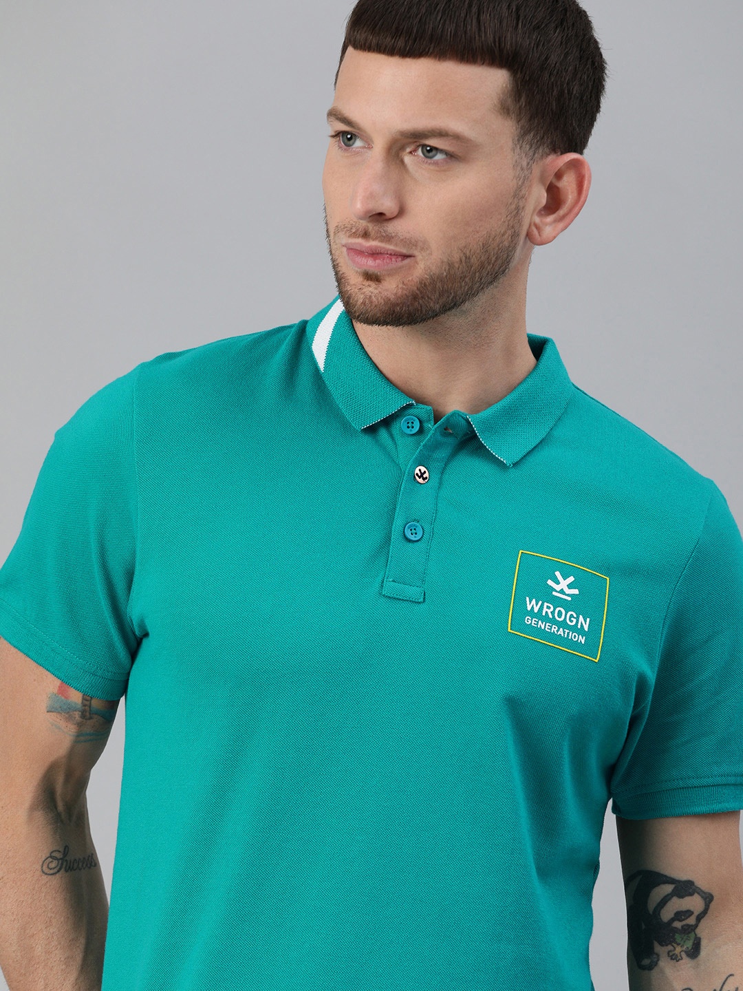 

WROGN Men Teal Green Slim Fit Solid Polo Collar Pure Cotton T-shirt