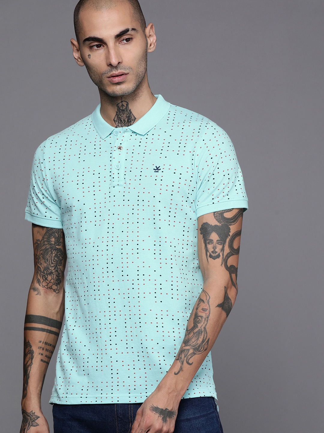 

WROGN Men Blue Cotton Dot Print Polo Collar Slim Fit T-shirt