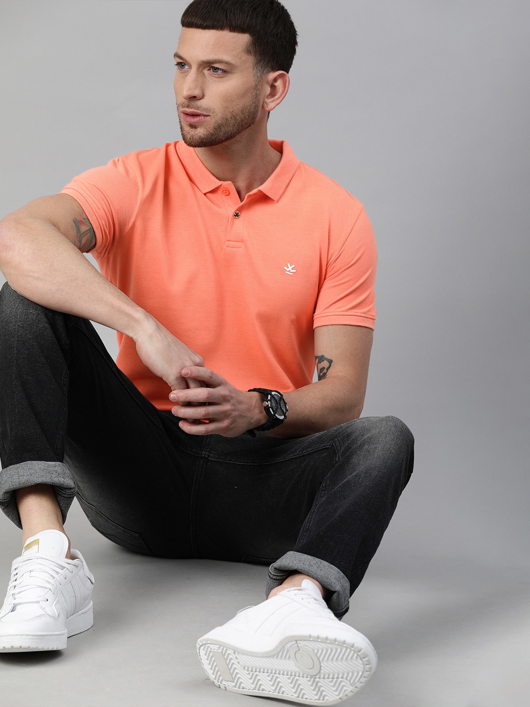 

WROGN Men Coral Orange Slim Fit Solid Pure Cotton Polo Collar Pure Cotton T-shirt