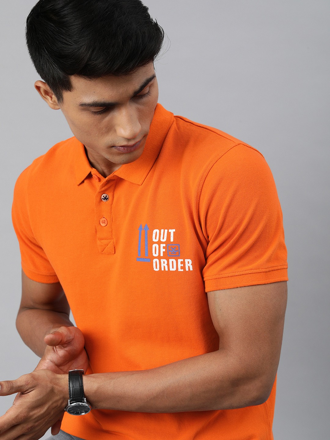 

WROGN Men Orange Printed Polo Collar Pure Cotton T-shirt