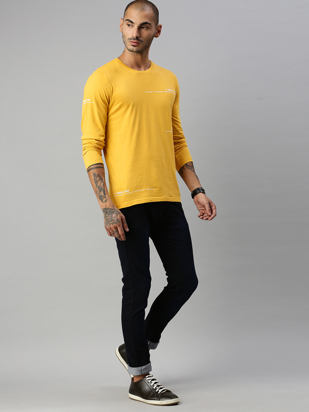 

WROGN Men Yellow Typography Printed Slim Fit Pure Cotton T-shirt