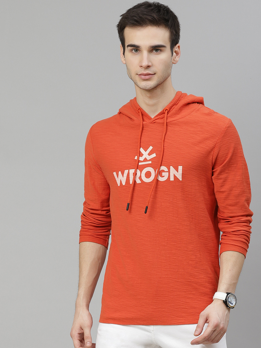 

WROGN Men Orange White Cotton Slim Fit Brand Logo Print Hooded Pure Cotton T-shirt
