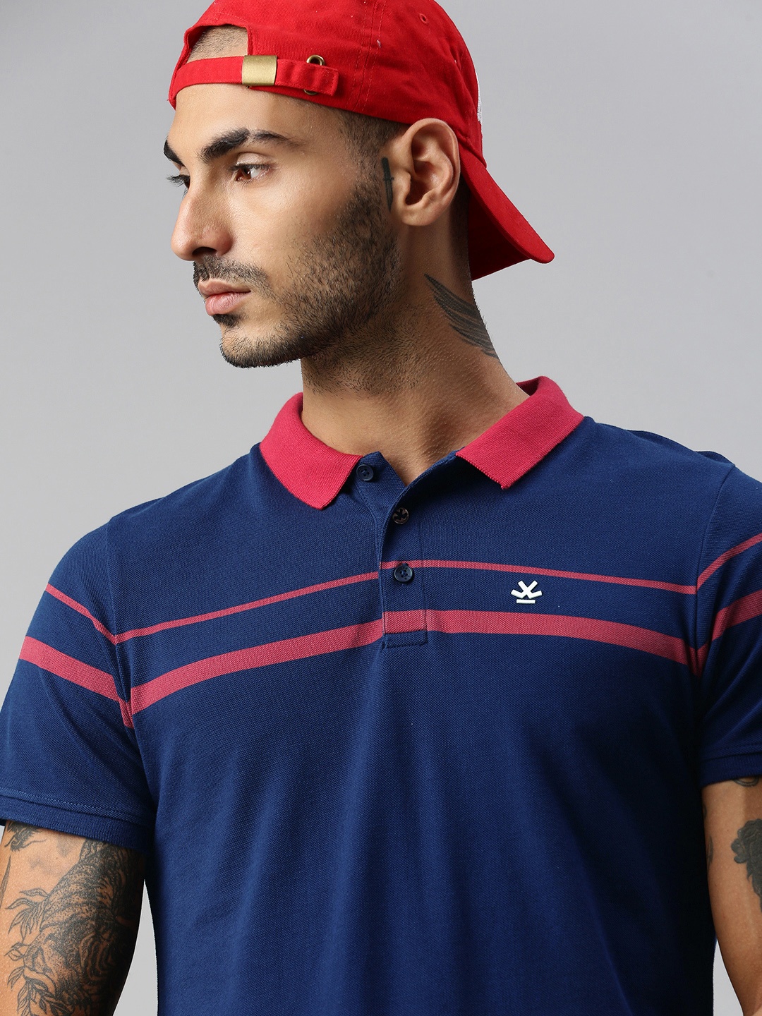 

WROGN Men Navy Blue Striped Polo Collar Slim Fit Pure Cotton T-shirt
