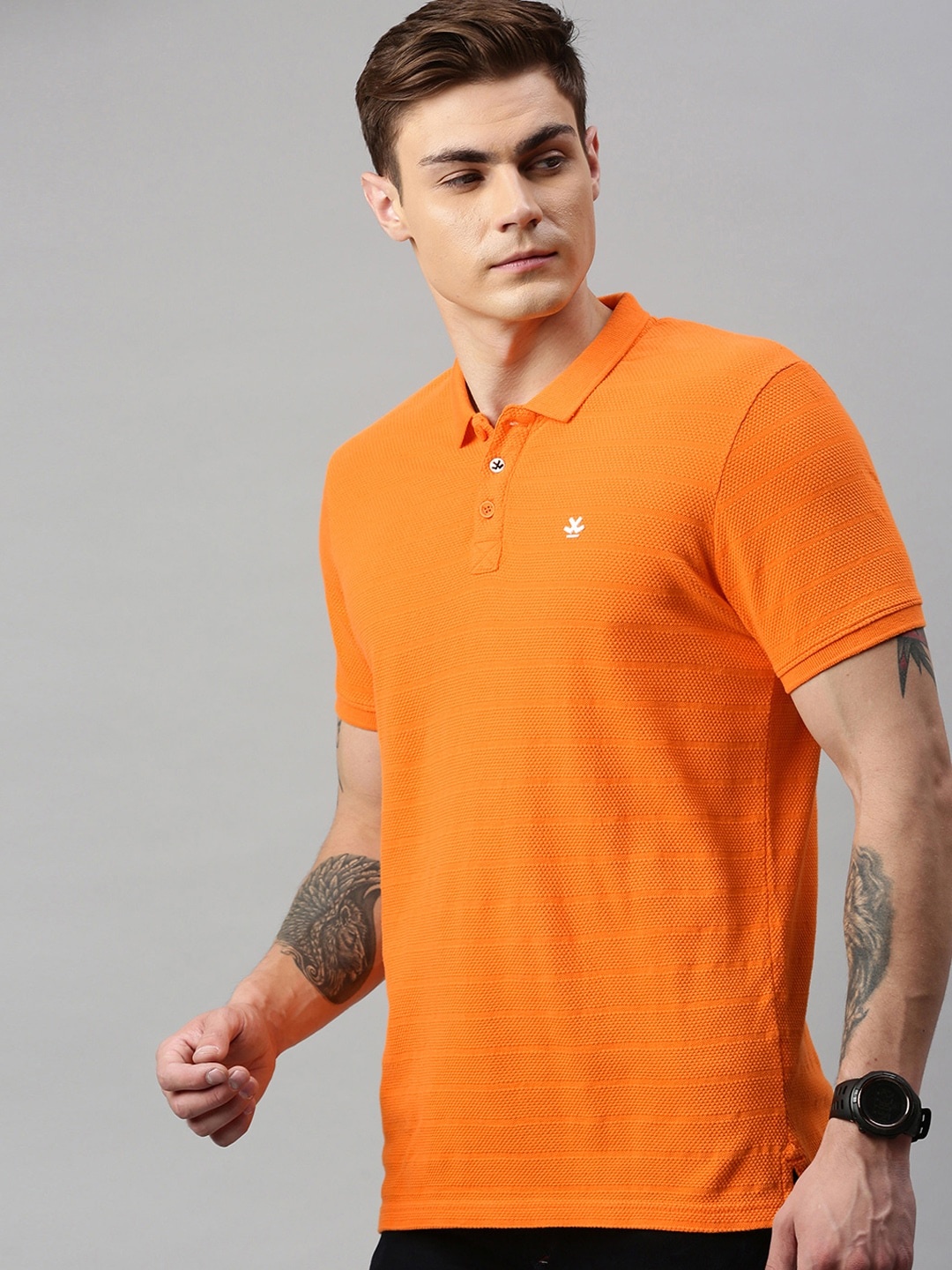 

WROGN Men Orange Self Design Polo Collar Pure Cotton T-shirt