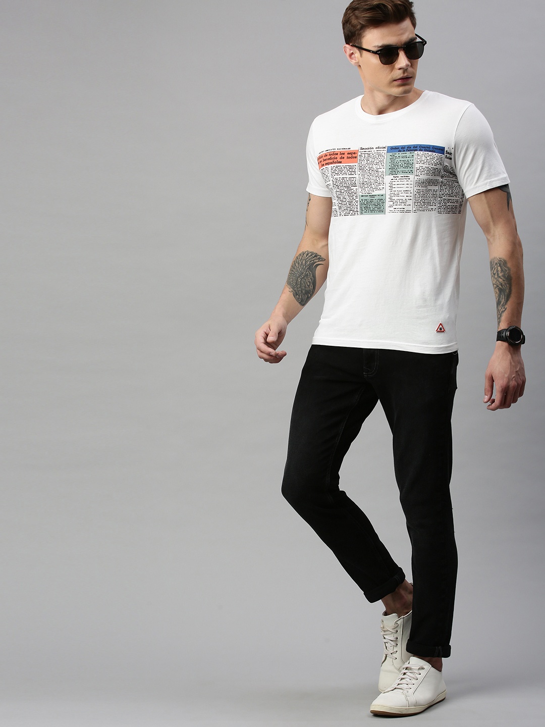 

WROGN Men White Slim Fit Printed Round Neck Pure Cotton T-shirt