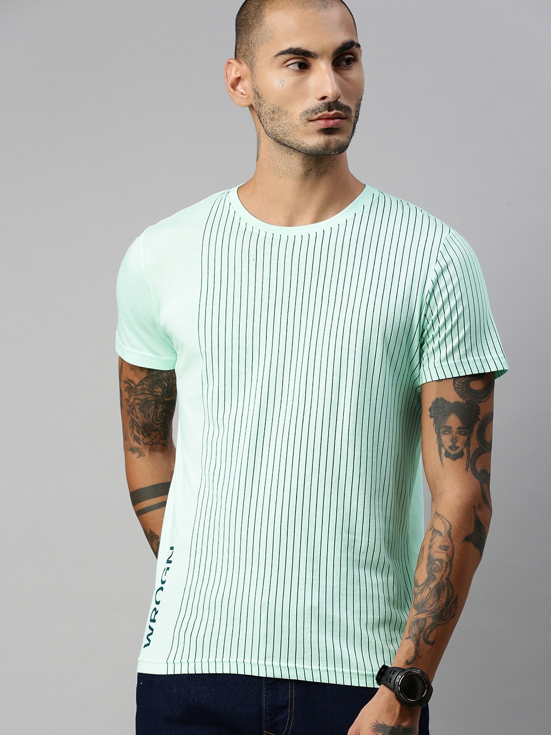 

WROGN Men Green Striped Slim Fit Pure Cotton T-shirt