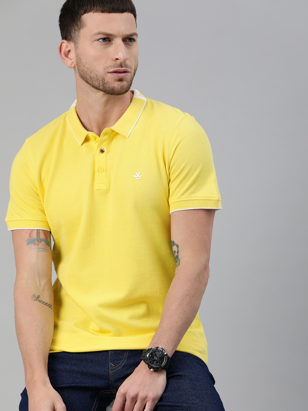 

WROGN Men Yellow Slim Fit Solid Polo Collar Pure Cotton T-shirt