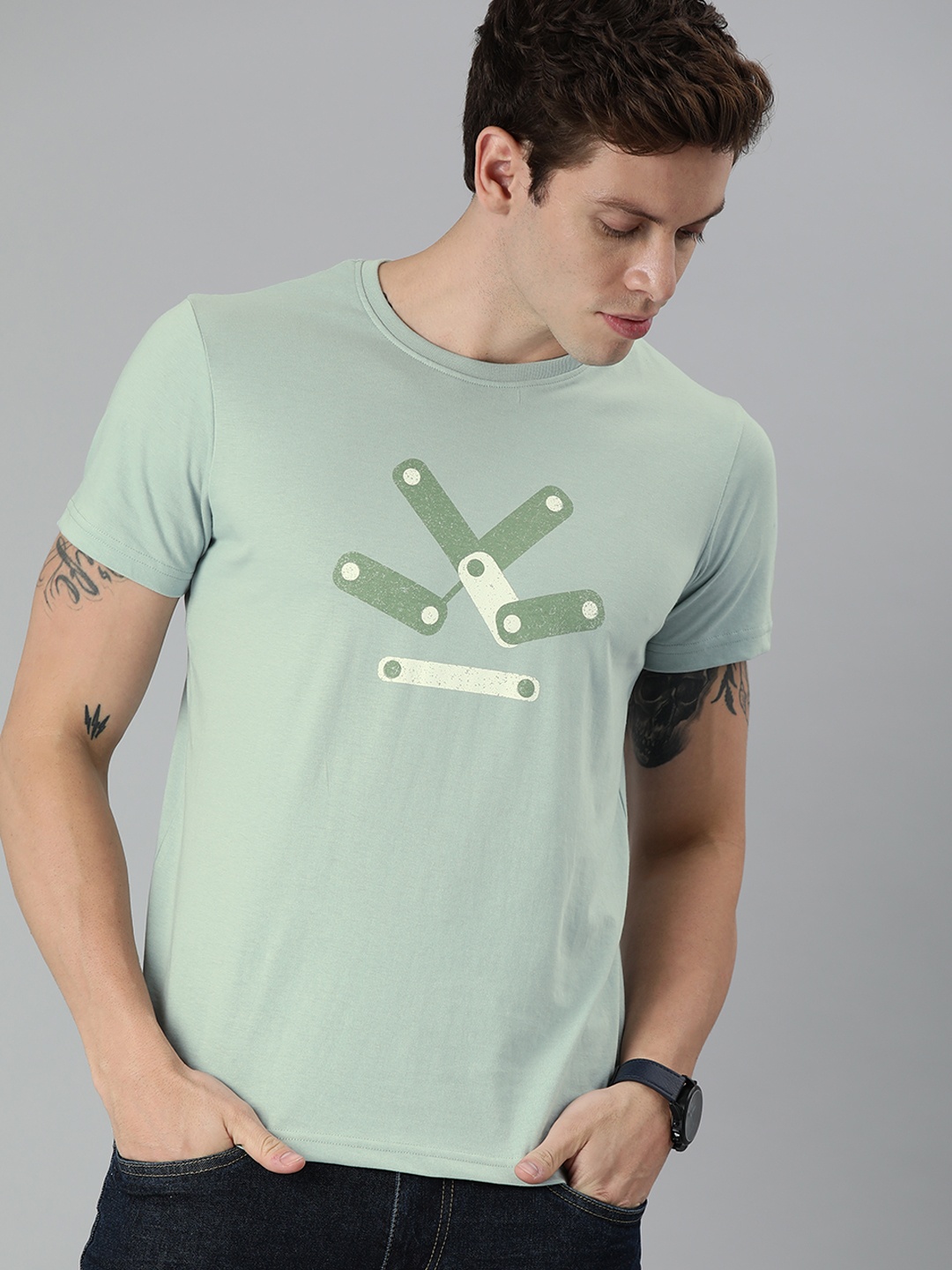 

WROGN Men Sea Green Slim Fit Printed Round Neck T-shirt