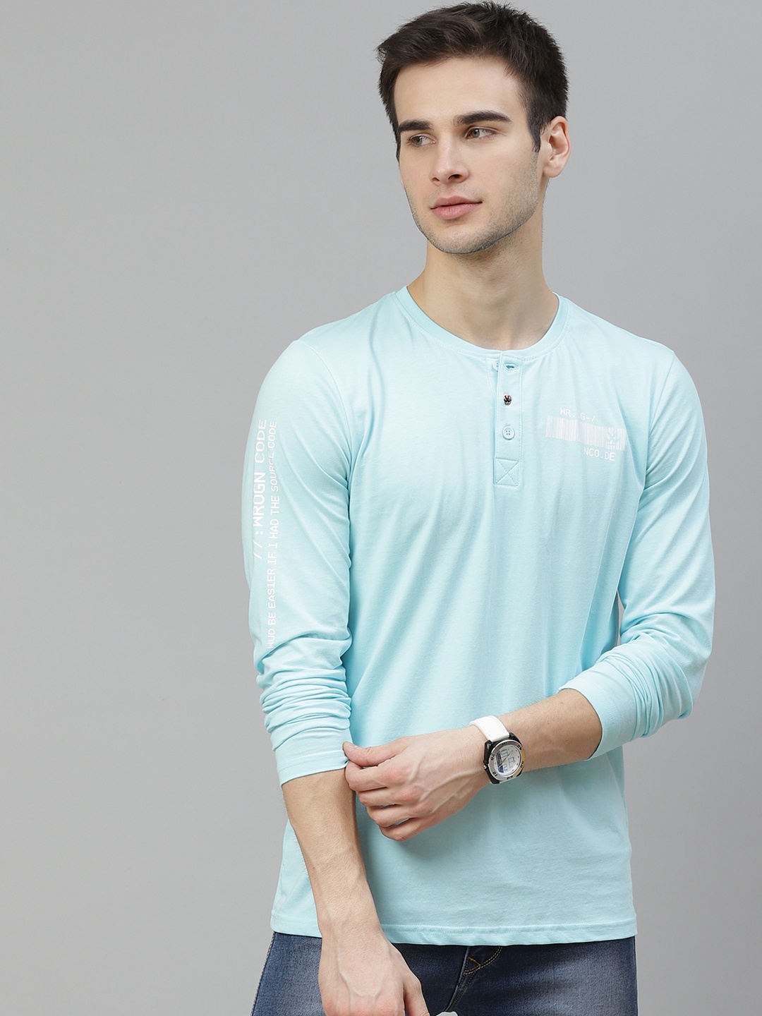 

WROGN Men Blue Cotton Henley Neck Slim Fit Pure Cotton T-shirt