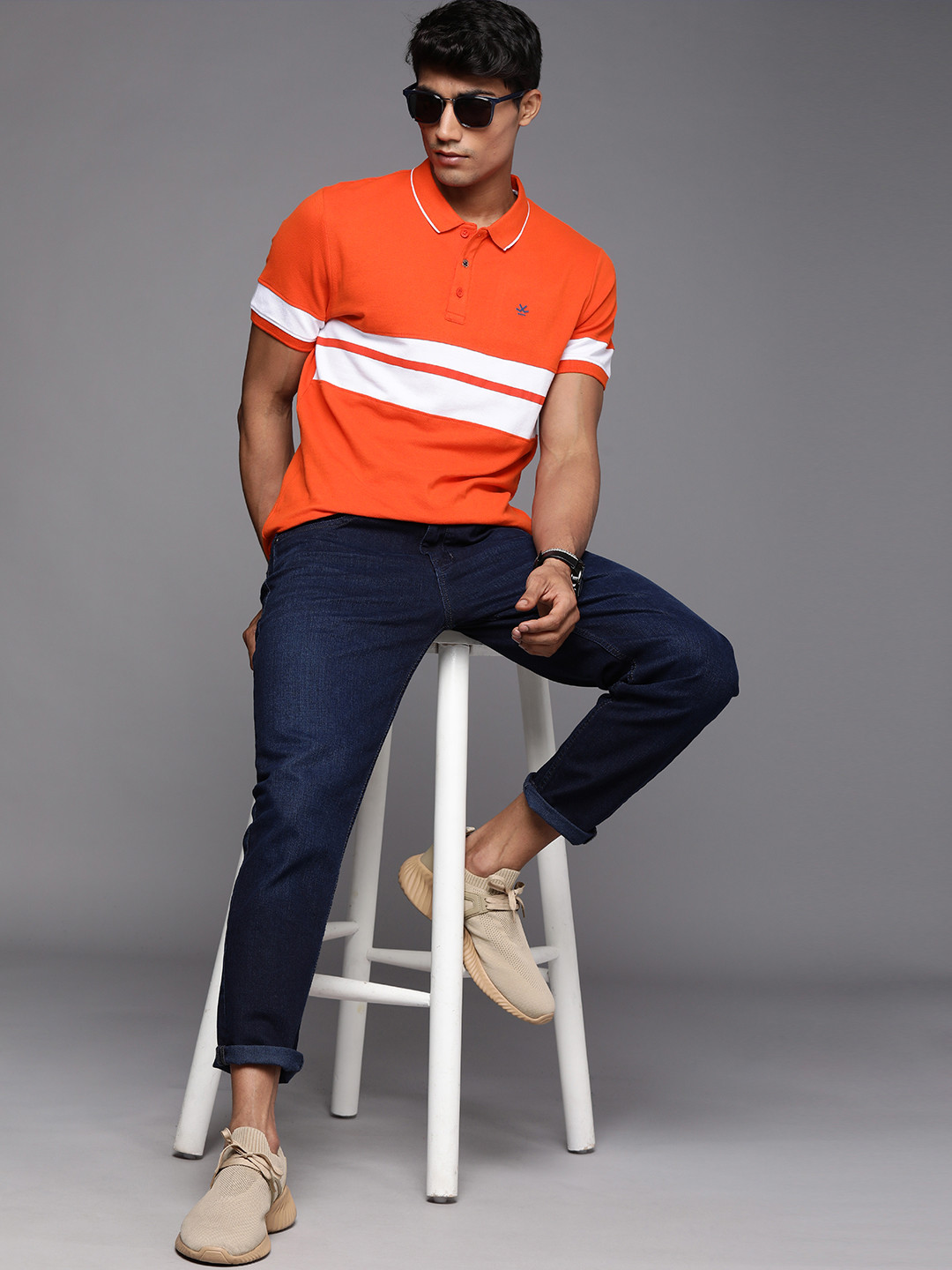 

WROGN Men Rust White Striped Polo Collar Slim Fit Pure Cotton T-shirt