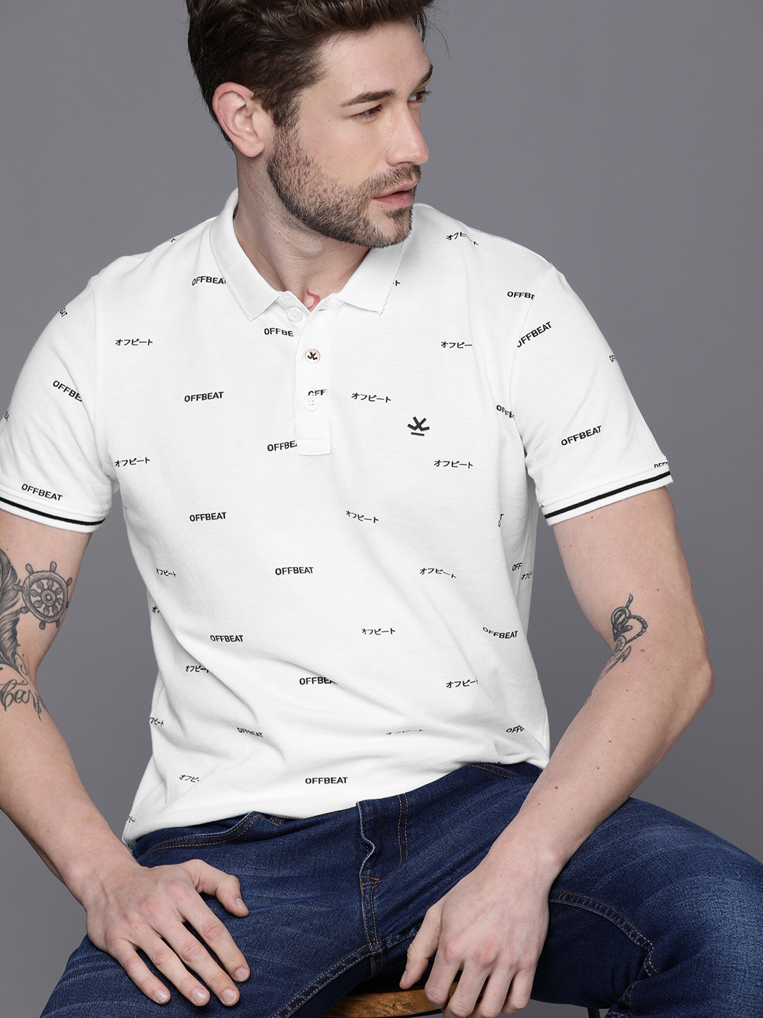 

WROGN Men White Typography Printed Polo Collar Slim Fit T-shirt