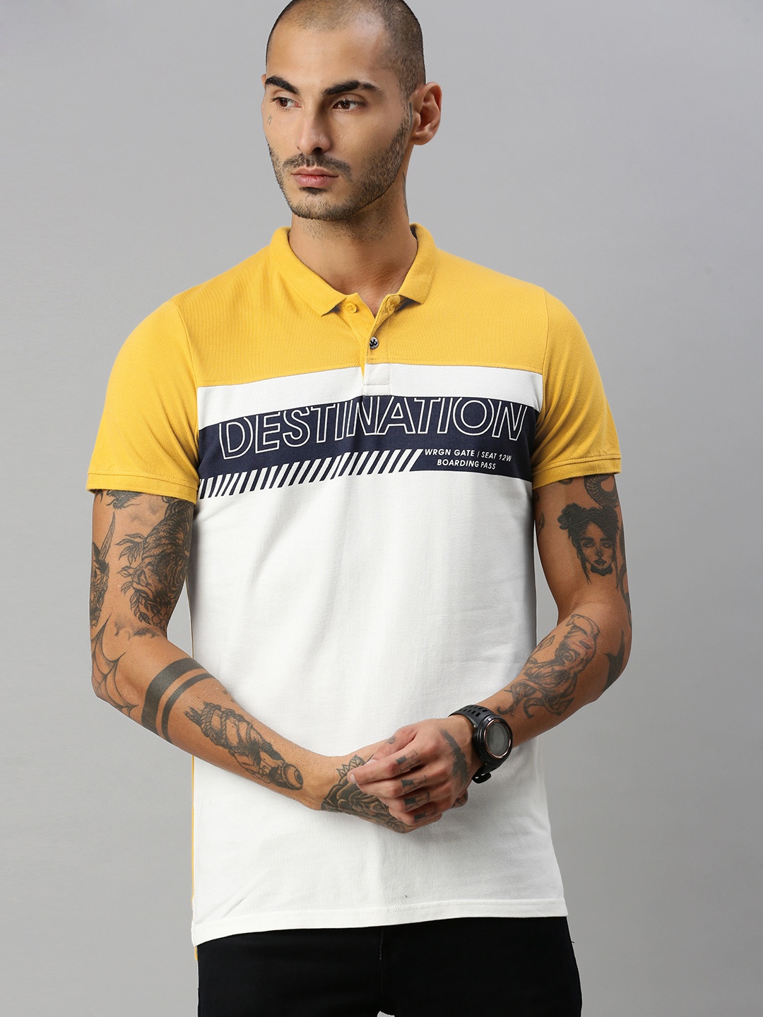 

WROGN Men White Mustard Yellow Colourblocked Slim Fit Polo Collar Pure Cotton T-shirt