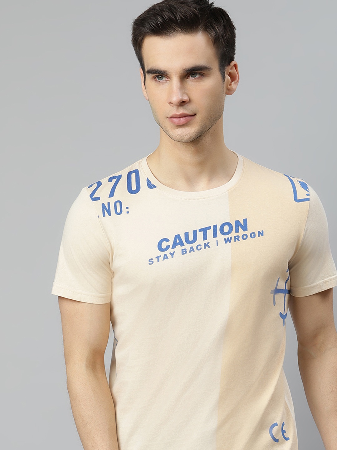 

WROGN Men Beige Printed Pure Cotton Round Neck T-shirt