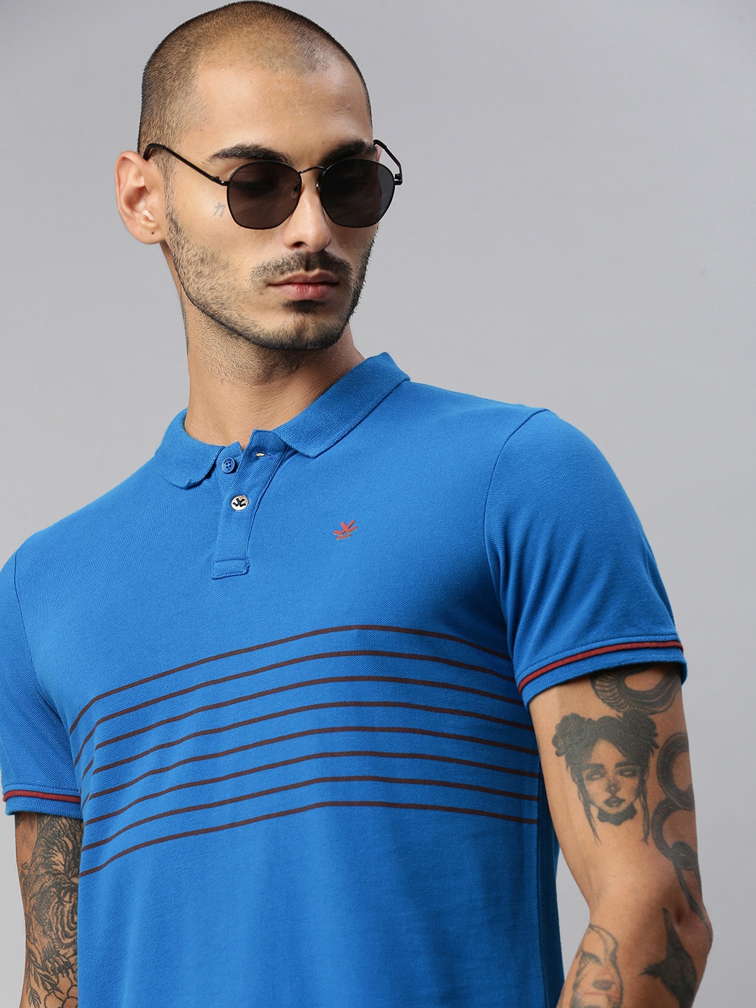 

WROGN Men Blue Black Striped Slim Fit Polo Collar Pure Cotton T-shirt