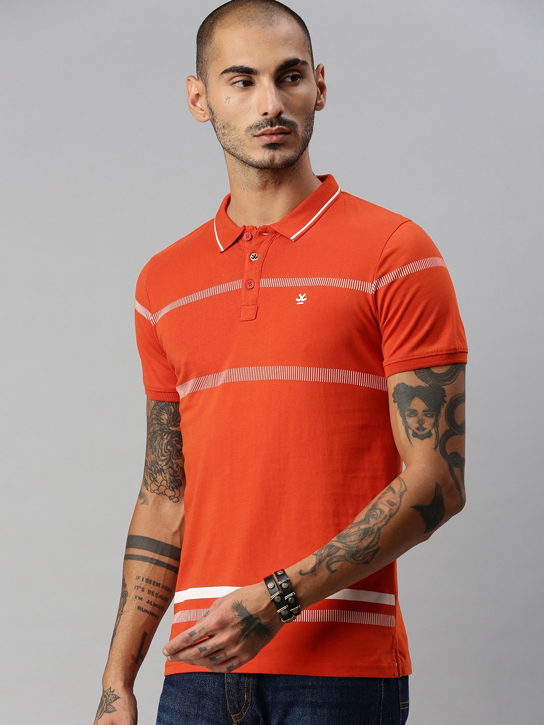 

WROGN Men Orange White Striped Slim Fit Polo Collar Pure Cotton T-shirt