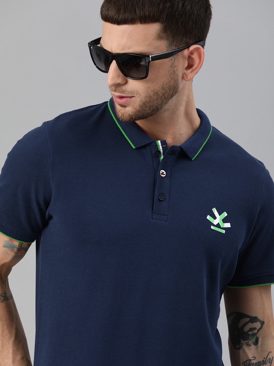 

WROGN Men Navy Blue Solid Polo Collar Pure Cotton T-shirt
