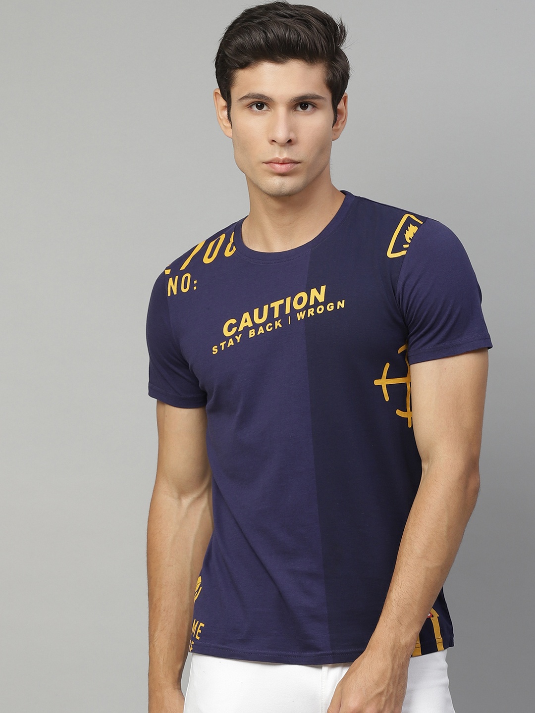 

WROGN Men Navy Blue Yellow Cotton Slim Fit Typography Printed Pure Cotton T-shirt