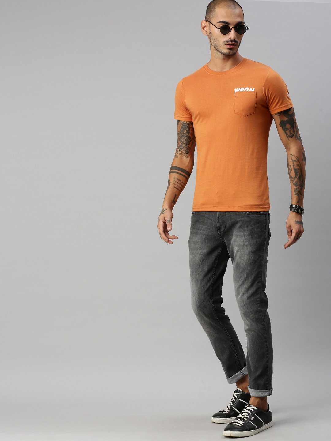 

WROGN Men Orange & White Printed Slim Fit T-shirt