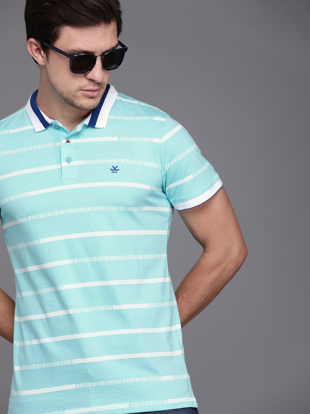 

WROGN Men Blue White Striped Slim Fit Polo Collar Pure Cotton T-shirt