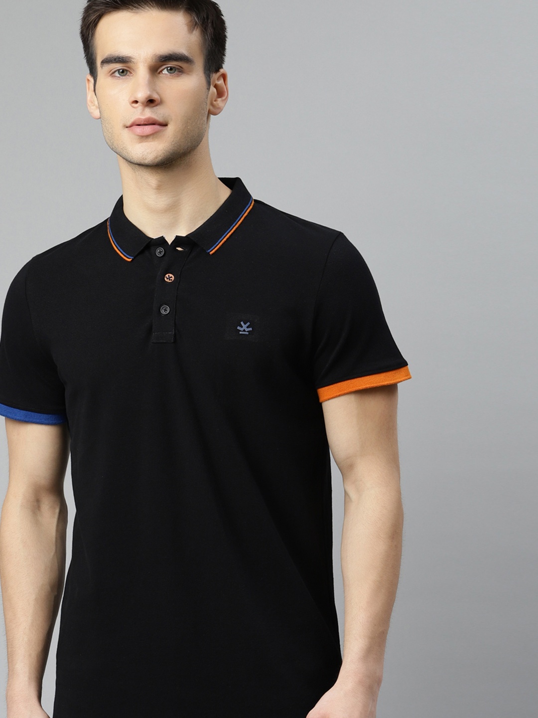 

WROGN Men Black Solid Pure Cotton Polo Collar Pure Cotton T-shirt