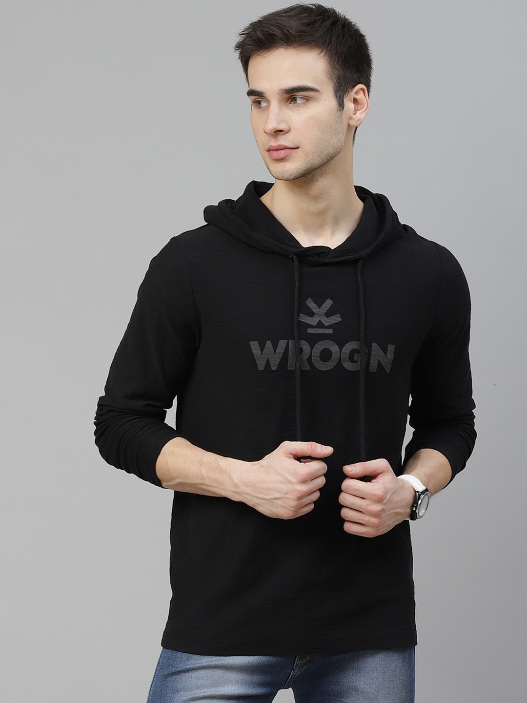 

WROGN Men Black Charcoal Grey Cotton Slim Fit Brand Logo Print Hooded Pure Cotton T-shirt