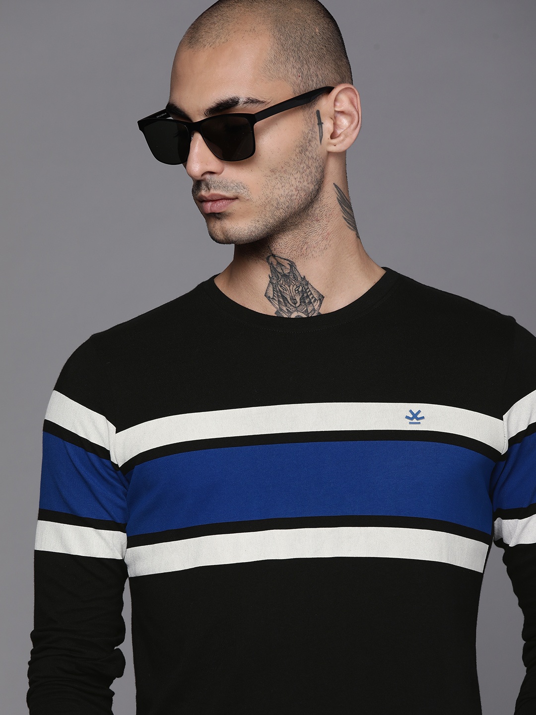 

WROGN Men Black Navy Blue Colourblocked Polo Collar Slim Fit Pure Cotton T-shirt