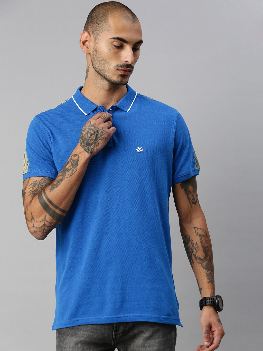 

WROGN Men Blue Solid Polo Collar Slim Fit Pure Cotton T-shirt