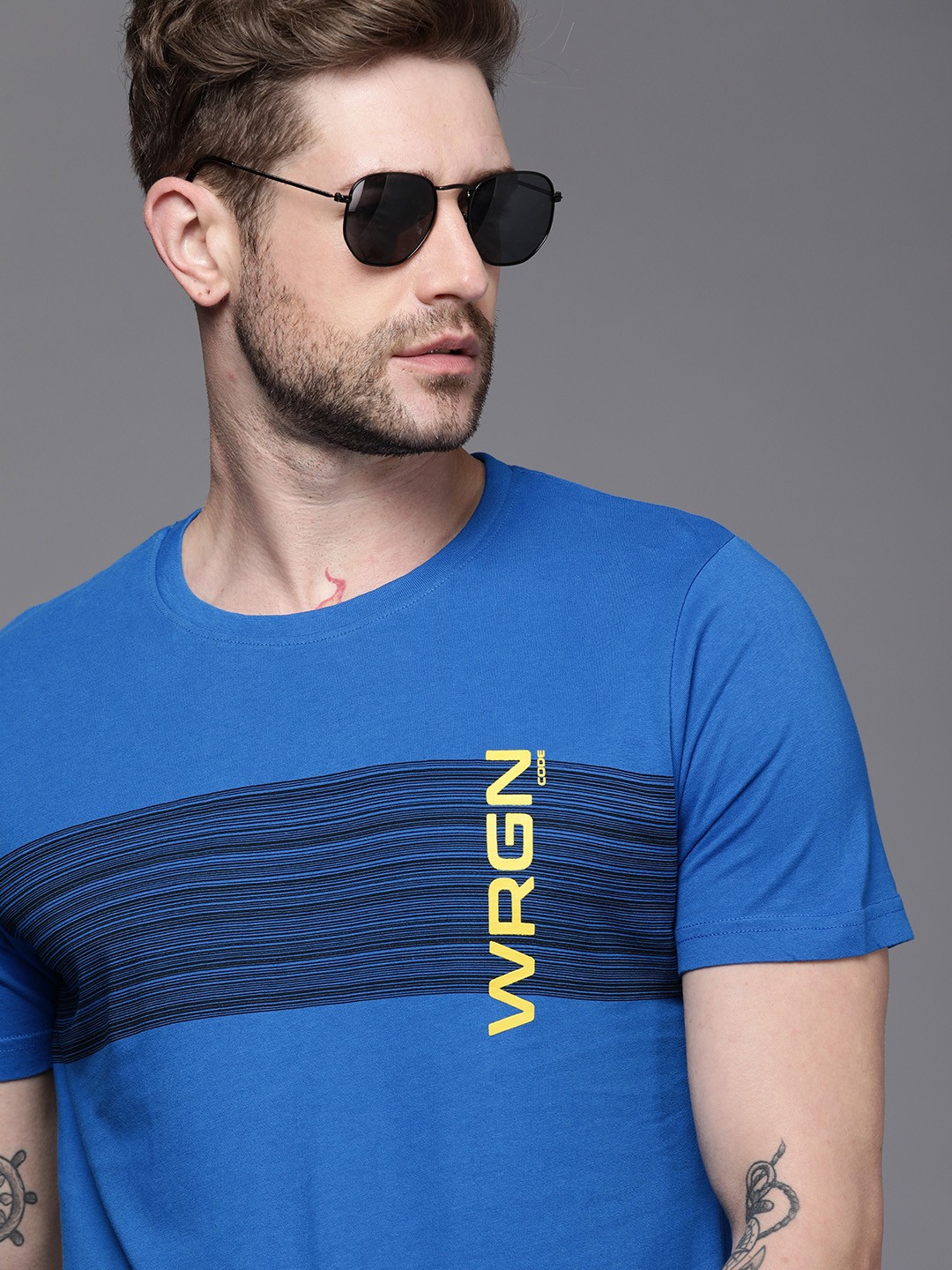 

WROGN Men Blue Brand Logo Printed Slim Fit Pure Cotton T-shirt
