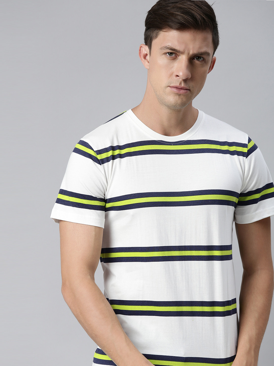 

WROGN Men White Navy Blue Striped Pure Slim Fit Pure Cotton T-shirt