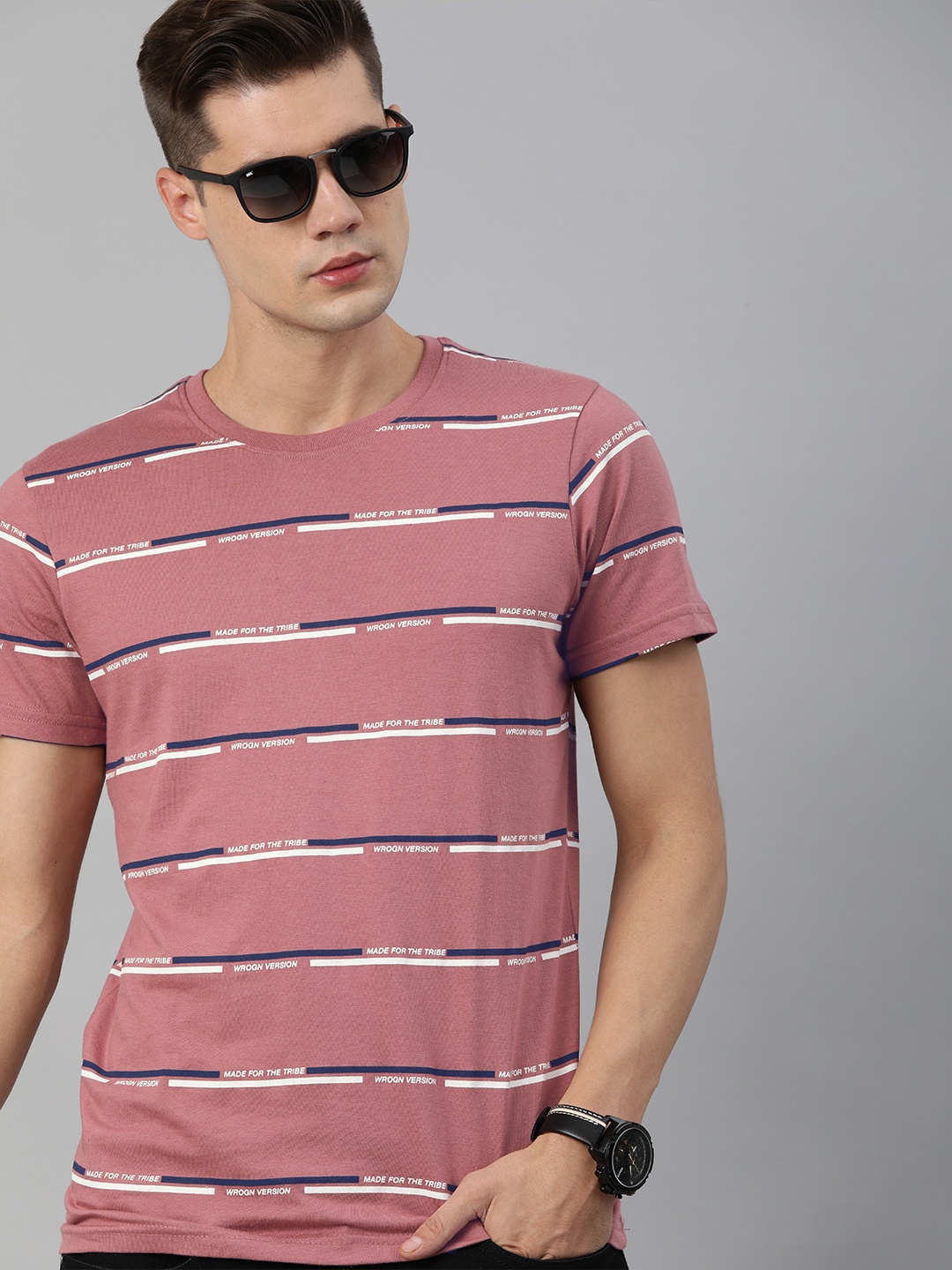 

WROGN Men Rust Pink & Navy Blue Striped T-shirt
