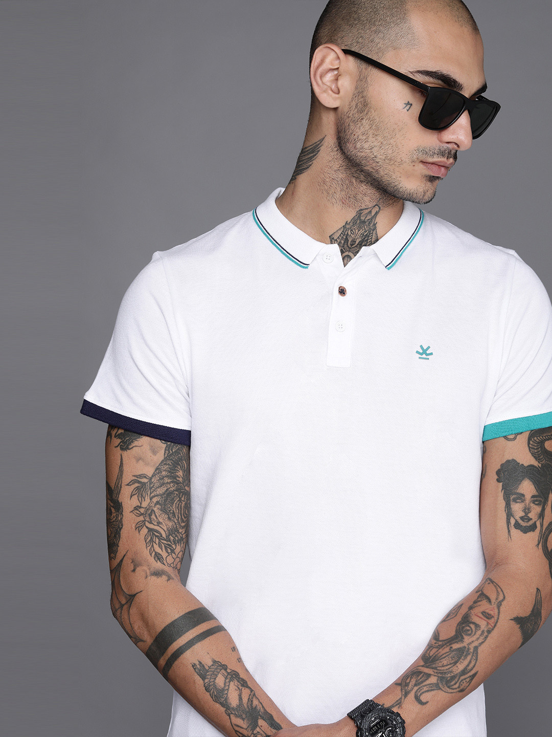 

WROGN Men White Pure Cotton Polo Collar Pure Cotton T-shirt