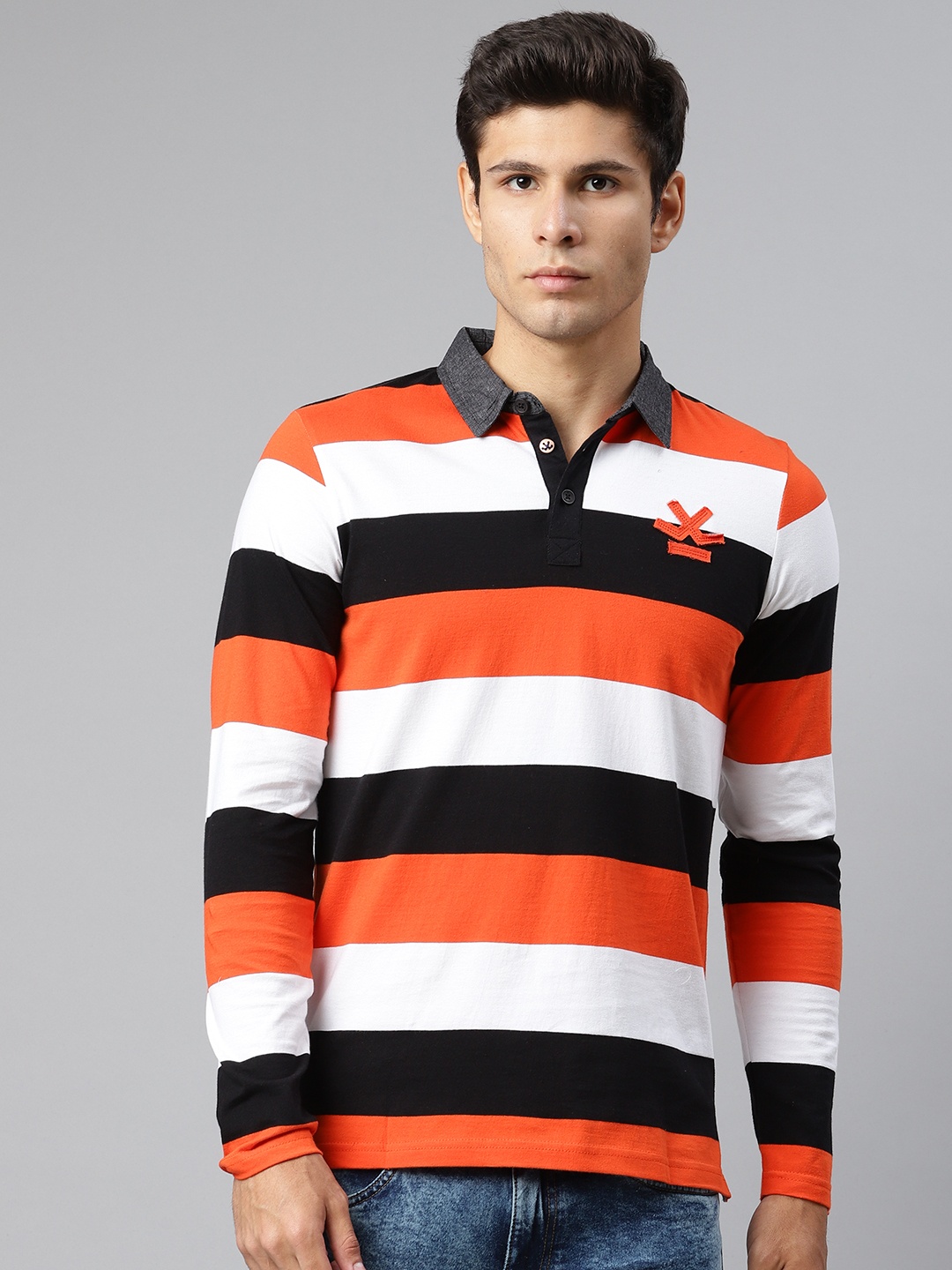 

WROGN Men Orange & Black Striped Cotton Polo Collar T-Shirt