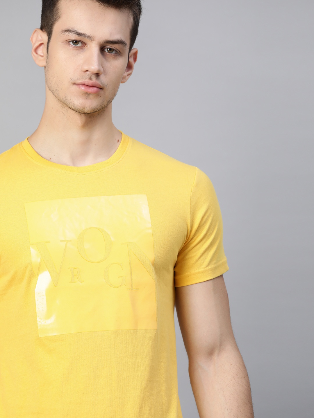 

WROGN Men Yellow Typography Printed Pure Cotton T-shirt