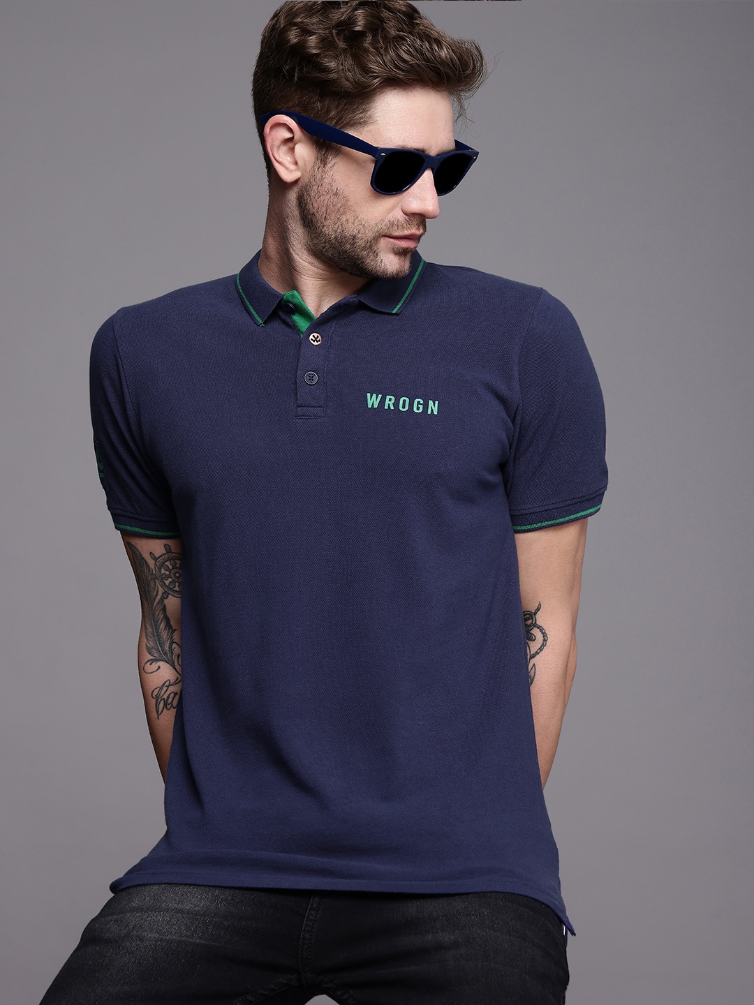 

WROGN Men Navy Blue Printed Detail Polo Collar Slim Fit T-shirt with Contrast Tipping