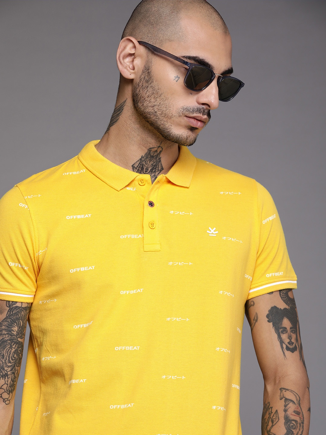 

WROGN Men Yellow White Printed Polo Collar Slim Fit Pure Cotton T-shirt
