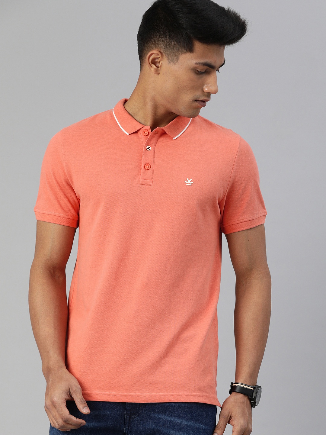 

WROGN Men Coral Pink Pure Cotton Slim Fit Solid Polo Collar Pure Cotton T-shirt