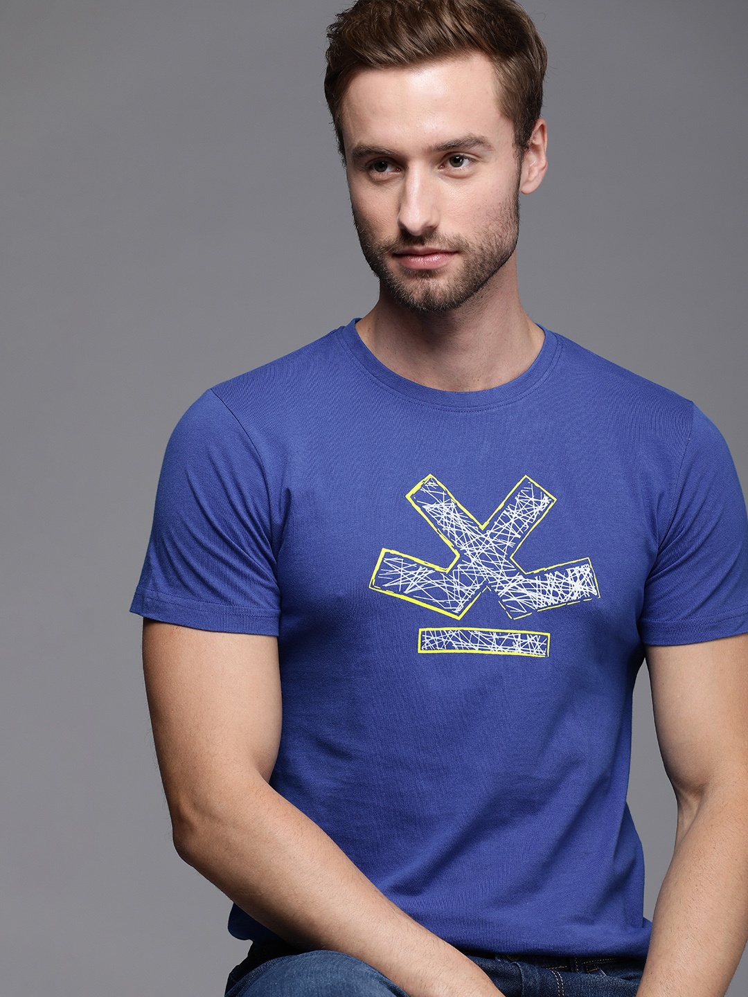 

WROGN Men Blue Brand Logo Printed Casual T-shirt