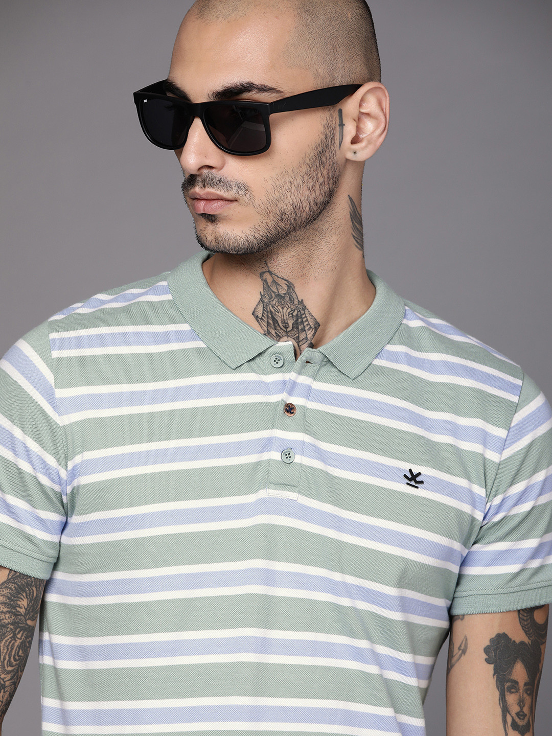 

WROGN Men Green White Striped Polo Collar Slim Fit Pure Cotton T-shirt