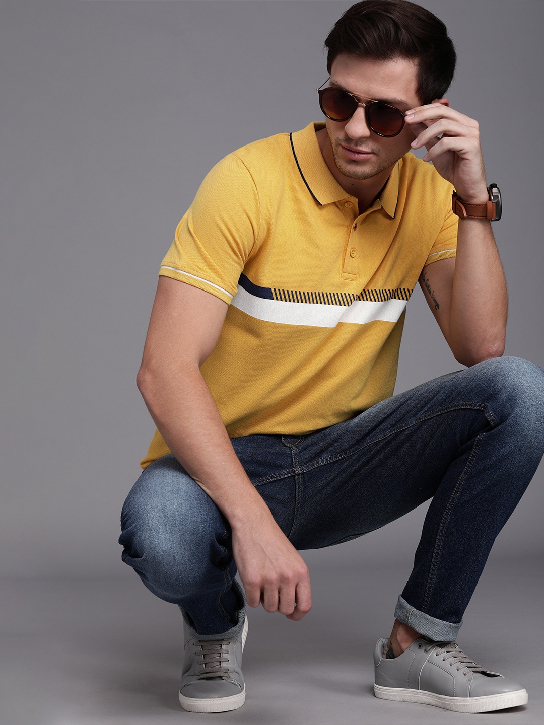 

WROGN Men Mustard Yellow White Striped Slim Fit Polo Collar Pure Cotton T-shirt