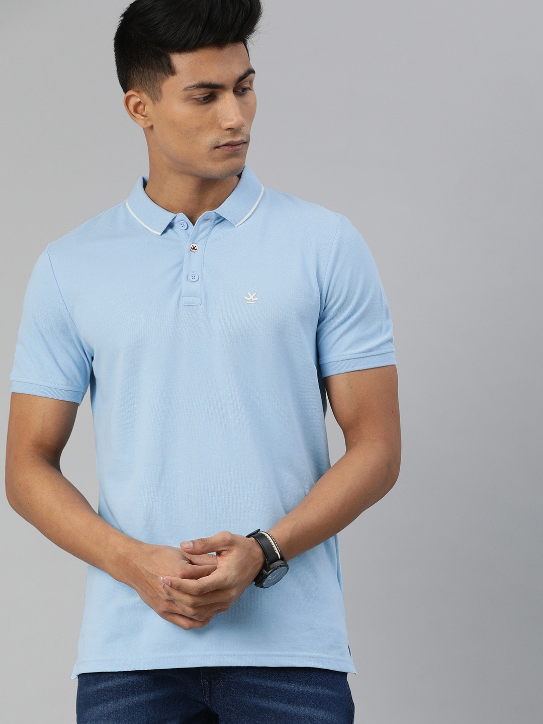 

WROGN Men Blue Solid Polo Collar Cotton T-shirt with Brand Logo Applique Detail