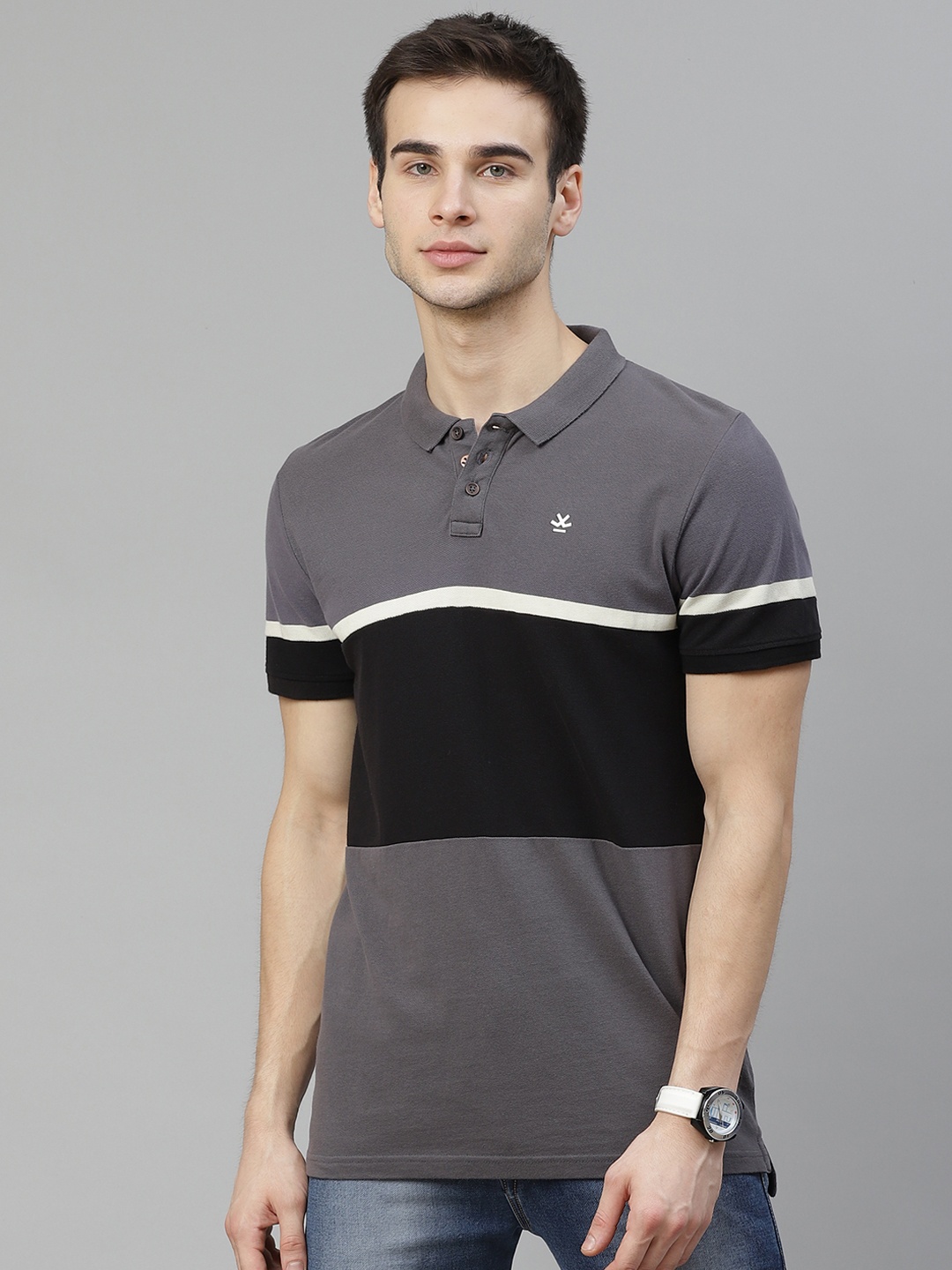 

WROGN Men Charcoal Grey Black Colourblocked Polo Collar Slim Fit Pure Cotton T-shirt