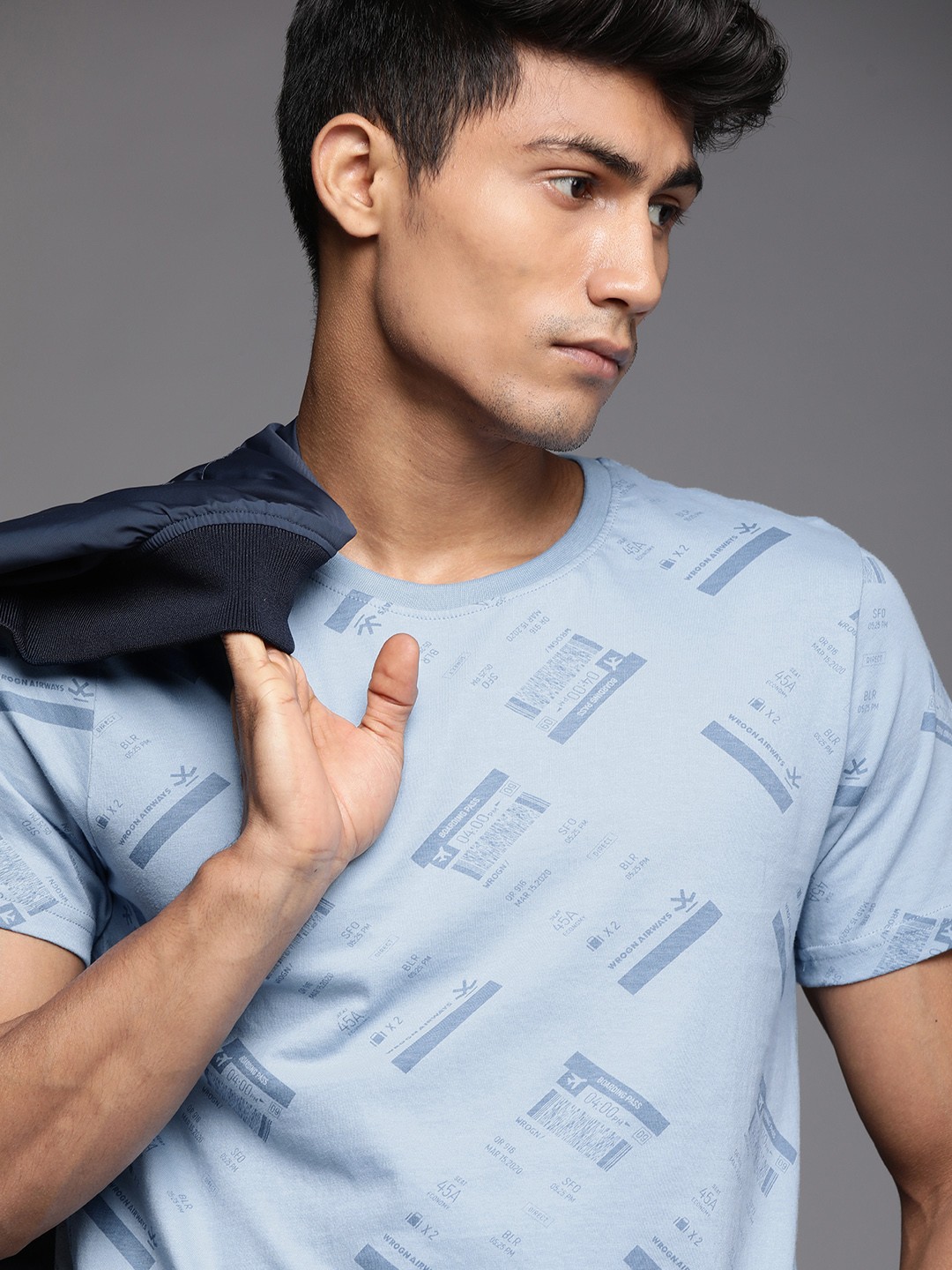 

WROGN Men Blue Typography Printed Slim Fit Pure Cotton T-shirt