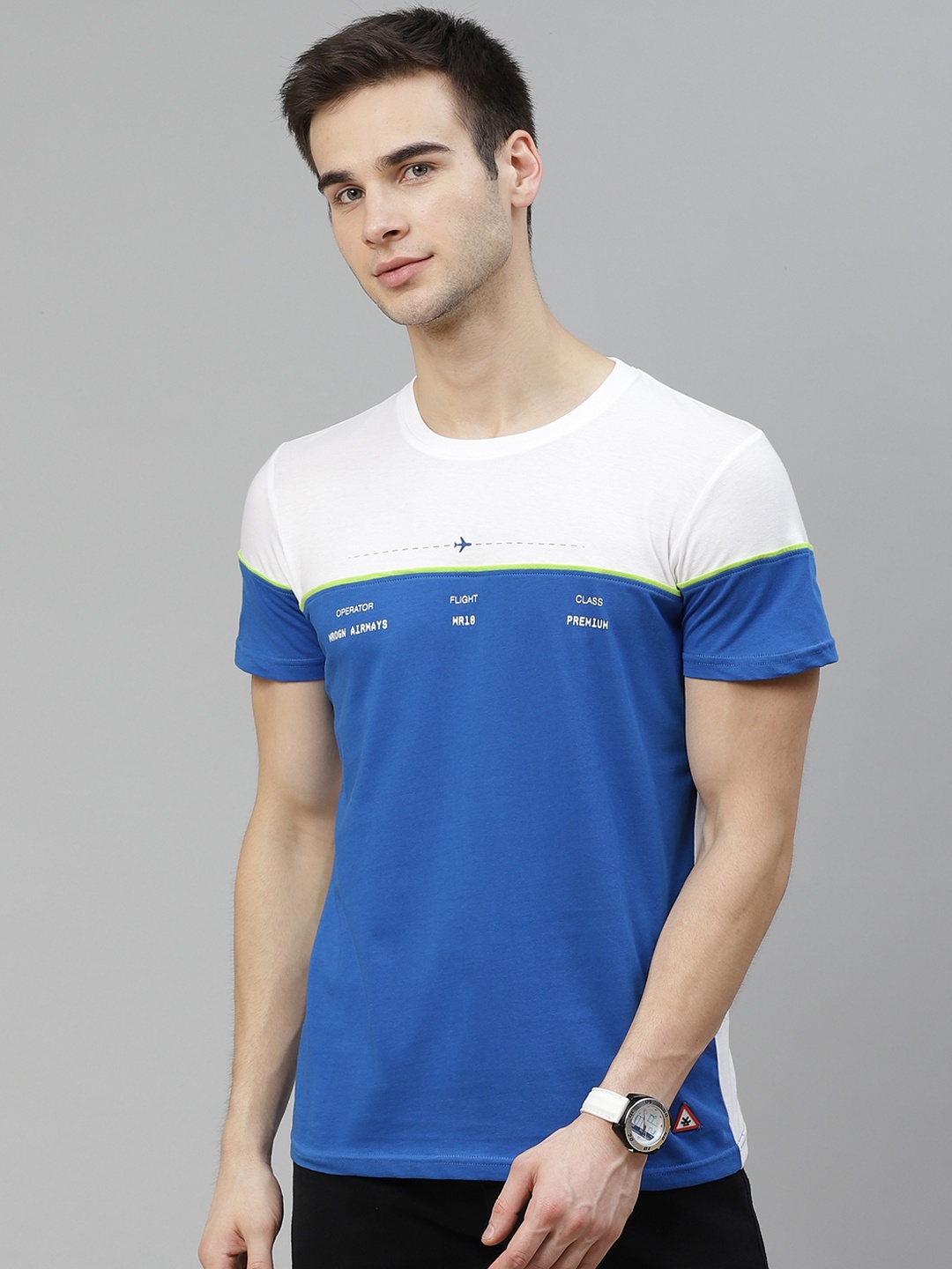 

WROGN Men Blue White Cotton Colourblocked Slim Fit Pure Cotton T-shirt