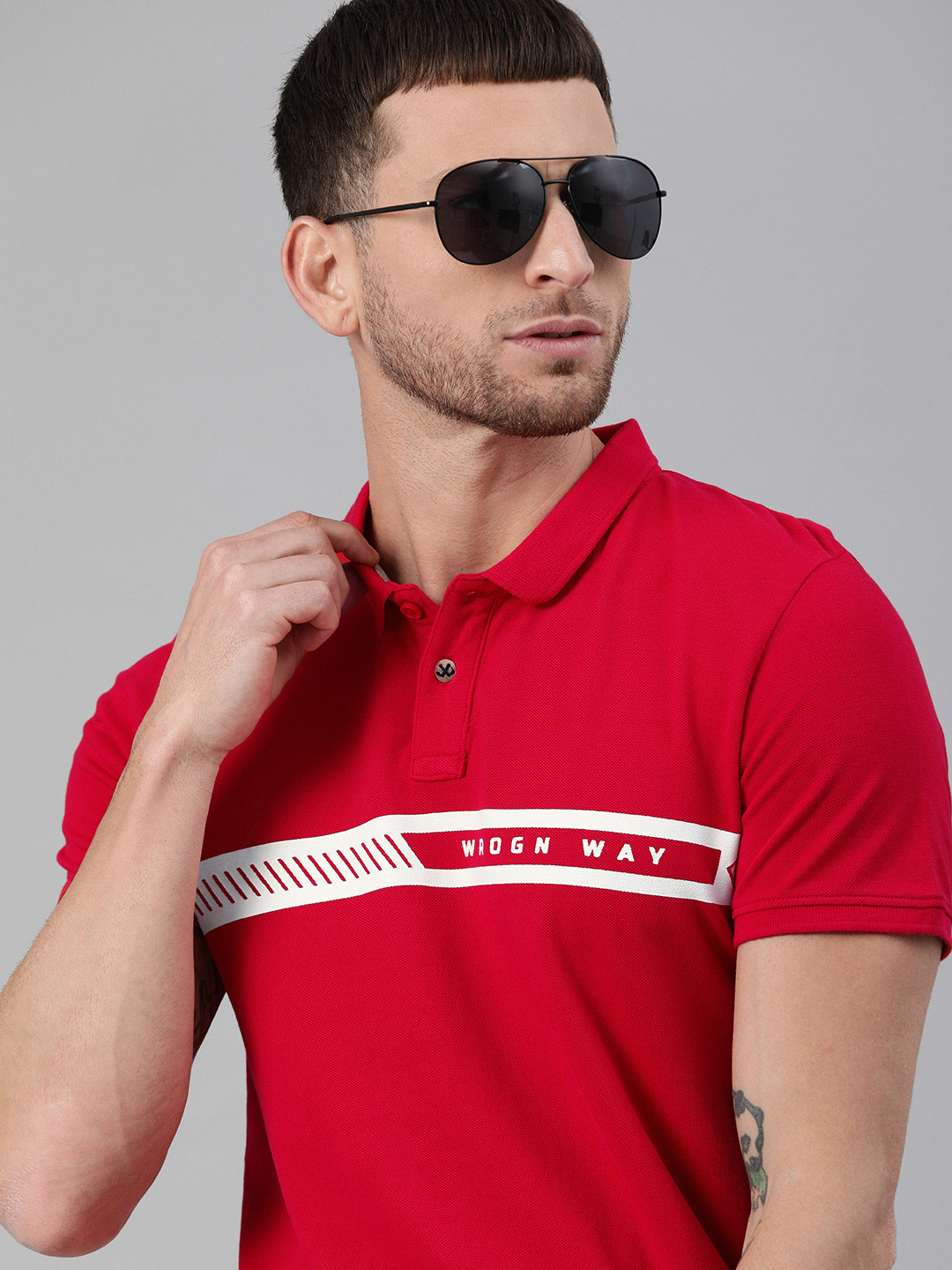 

WROGN Men Red Slim Fit Brand Logo Printed Polo Collar Pure Cotton T-shirt