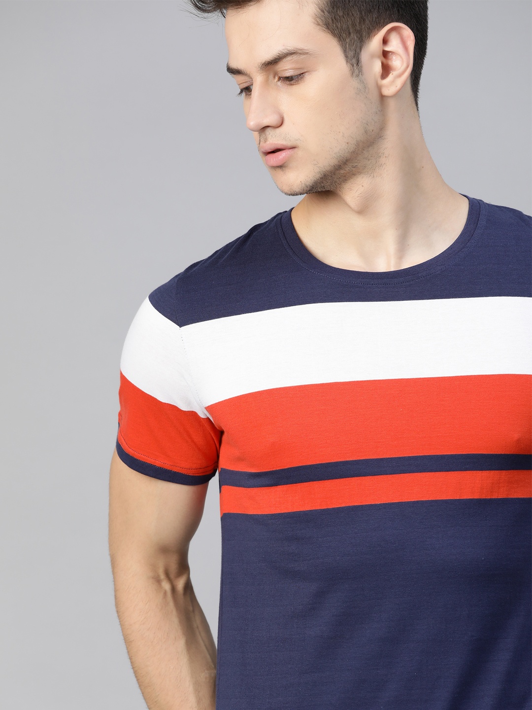 

WROGN Men Navy Blue & White Pure Cotton Striped Slim Fit T-shirt